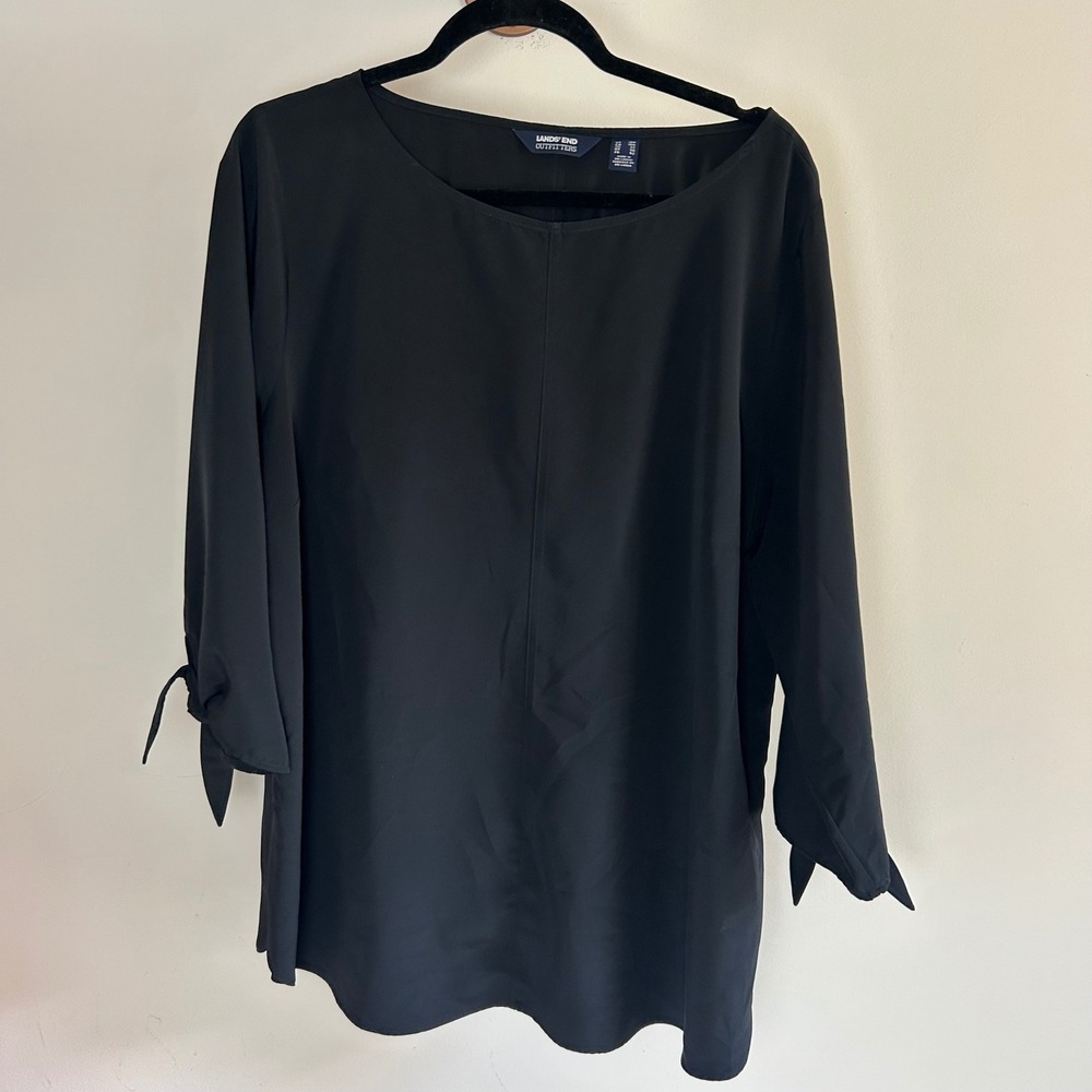 Lands End Outfitters Womens Black Tie Cuff‎ Blouse Top 18W Boat Neck 3/4 Sleeve